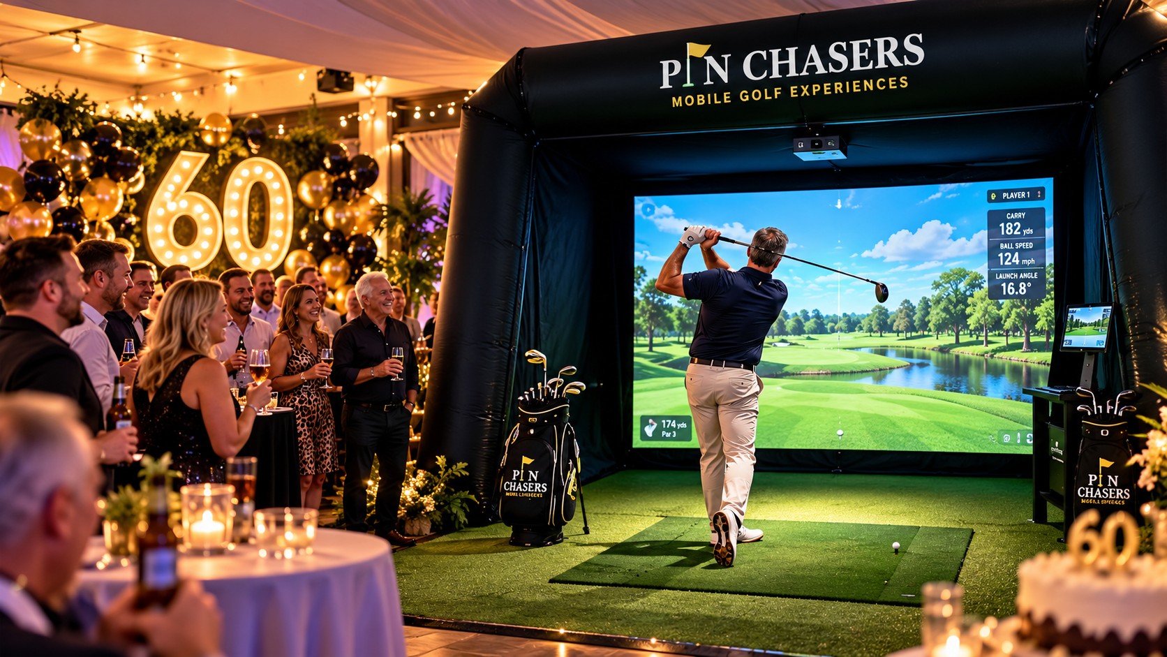 Illustrative 60th birthday party with guests enjoying a Pin Chasers mobile golf simulator